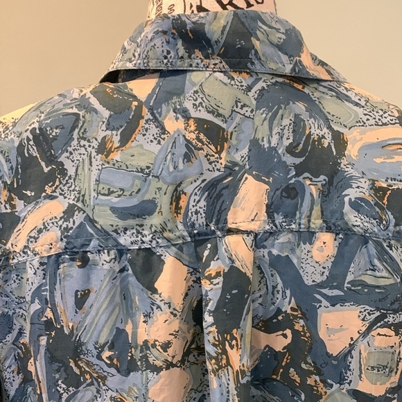 Vintage 80s Stunt Blue Patterned Boxy Silk Button-Up Shirt Blouse Women’s Medium - Picture 4 of 6